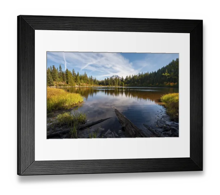 Framed Print : Mirror Lake with forest, back summit of volcano Mt Hood Framed Print : Mirror Lake with forest, back summit of volcano Mt Hood