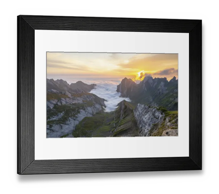 Framed Print : View over Saentis mountains into the valley of Meglisalp at sunrise