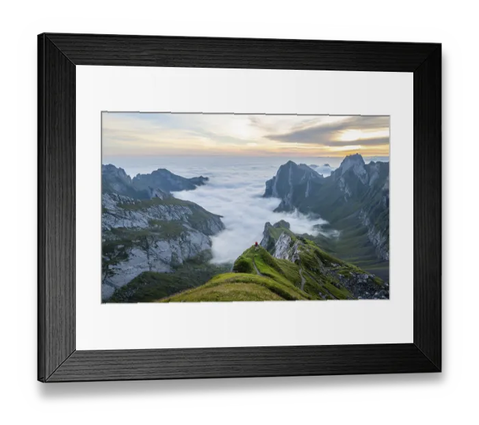 Framed Print : View over Saentis mountains into the valley of Meglisalp at sunrise