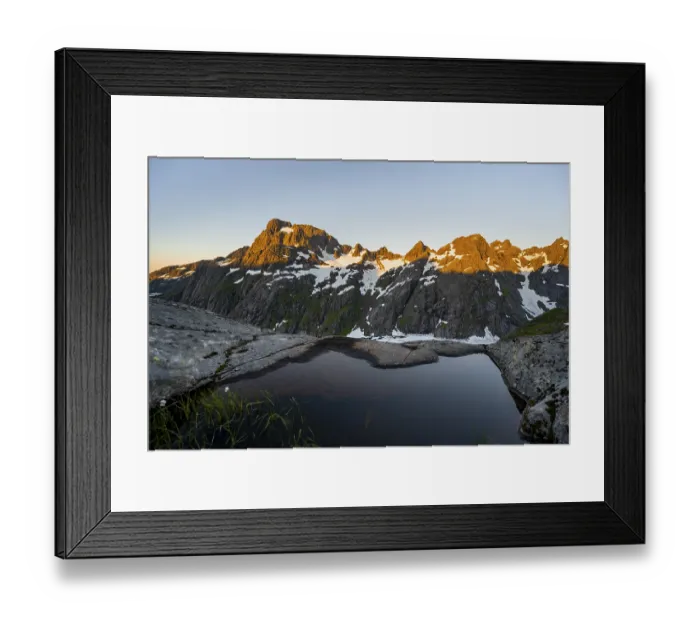 Framed Print : Rocky mountain peaks, small pond in moorland at Trollfjord Hytta