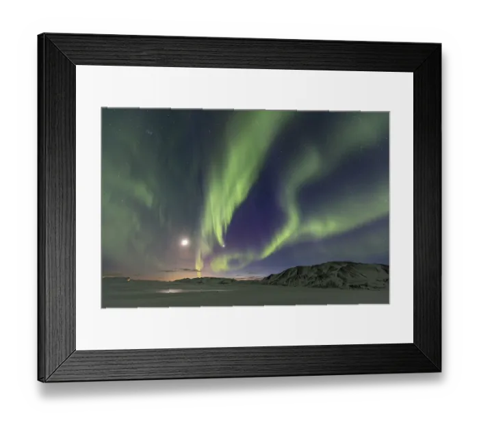 Framed Print : Green northern lights, aurora borealis over snowy mountains