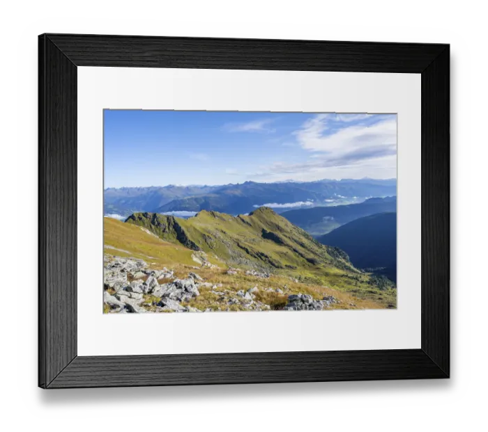 Framed Print : Mountain valley and mountain panorama in the morning light