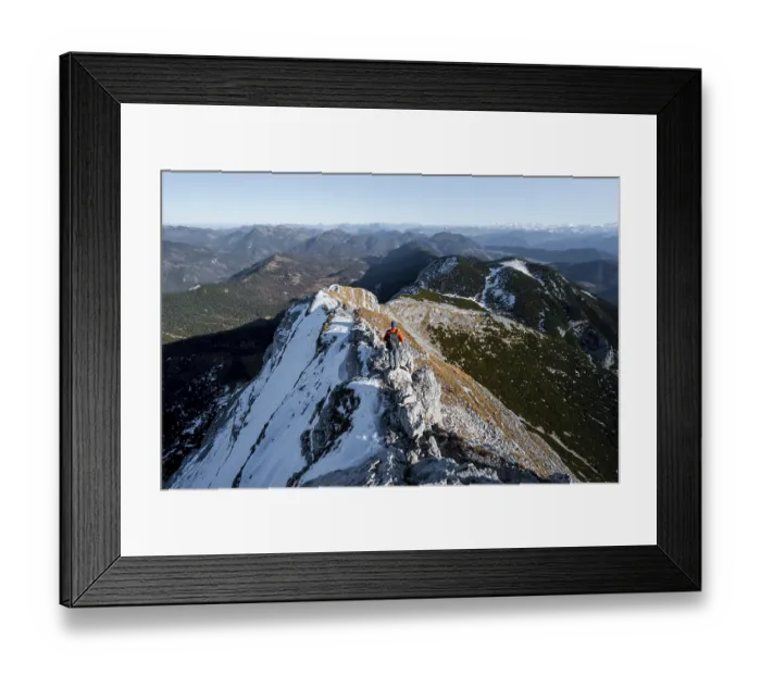 Framed Print : Climbers on the summit ridge with first snow in autumn