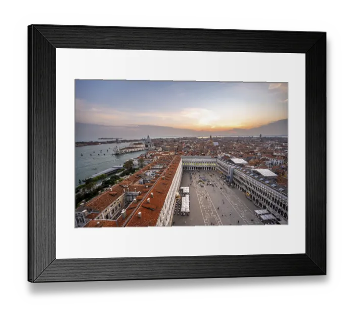Framed Print : Panorama, St Mark's Square and Basilica di Santa Maria della Salute on the Grand Canal at sunset