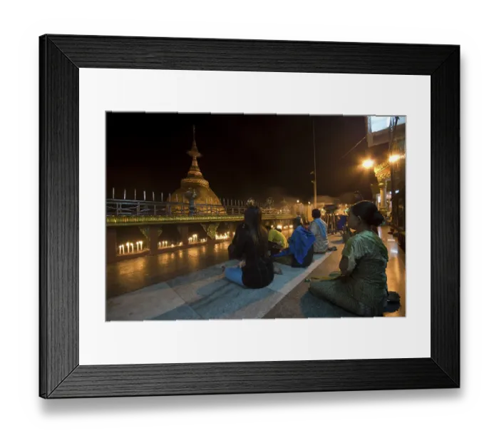 Framed Print : People praying in front of a golden rock and stupa Framed Print : People praying in front of a golden rock and stupa