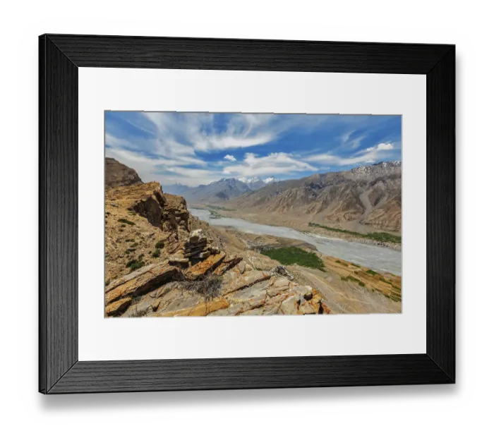 Framed Print : View of Spiti valley in Himalayas with stone cairn
