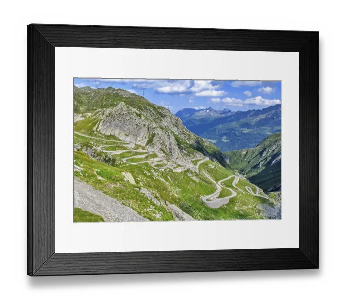 Framed Print : View from elevated position on old southern pass road Tremola south ramp with serpentines tight curves hairpin bends