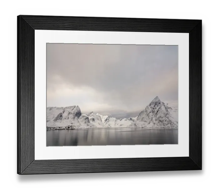 Framed Print : Snowy mountains by the fjord, Hamnoy