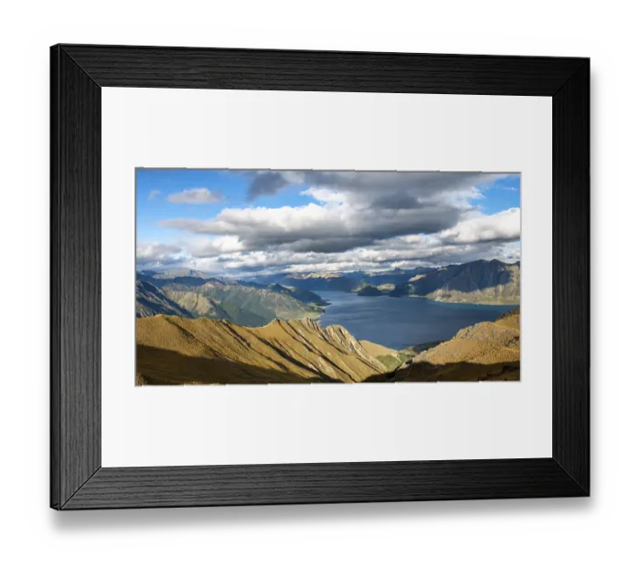 Framed Print : View of Lake Hawea, lake and mountain landscape