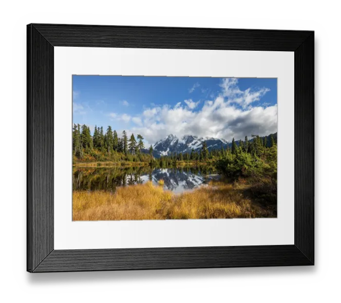 Framed Print : Mt. Shuksan glacier with snow reflecting in Picture Lake