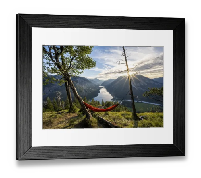 Framed Print : View of Plansee from Schoenjoechl with orange hammock