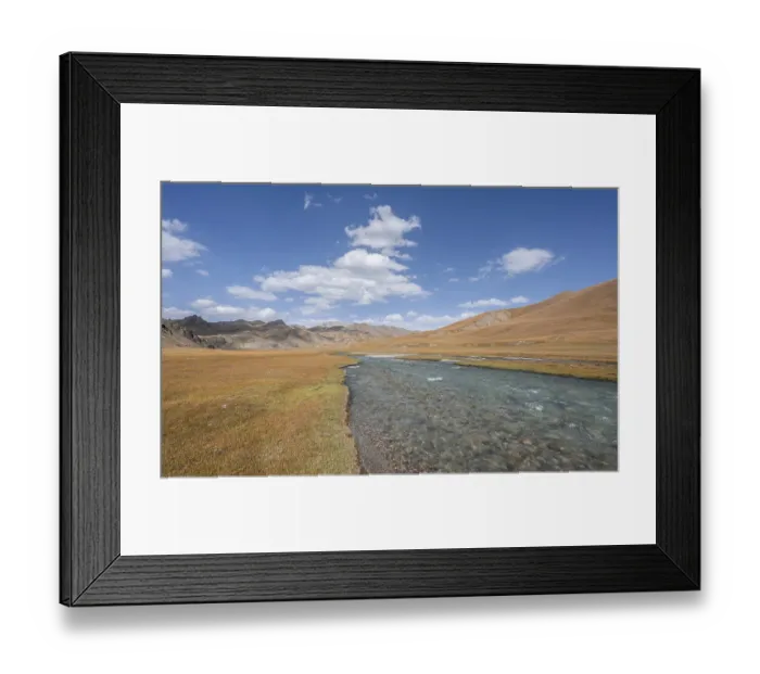 Framed Print : Hills with yellow meadows and river Kol Suu Framed Print : Hills with yellow meadows and river Kol Suu