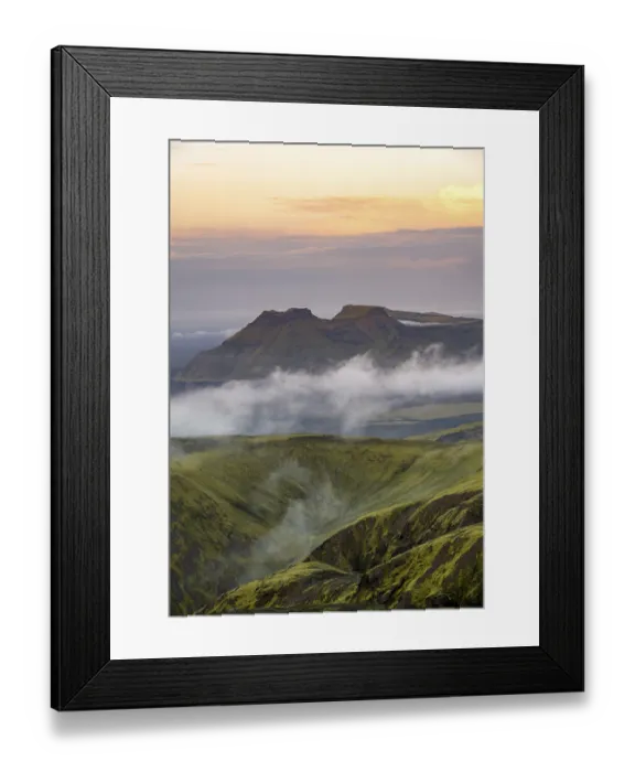 Framed Print : Fog between mountains, moss-covered volcanic mountain landscape