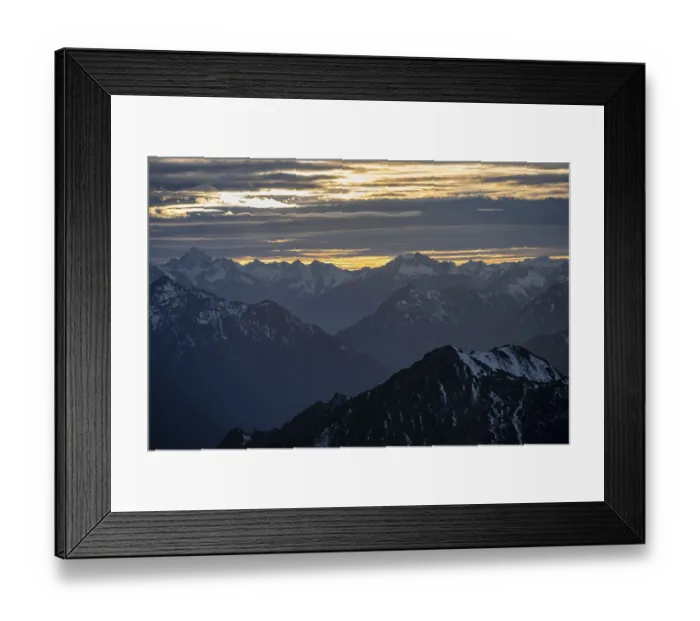 Framed Print : Mountain panorama with snow at sunset Framed Print : Mountain panorama with snow at sunset