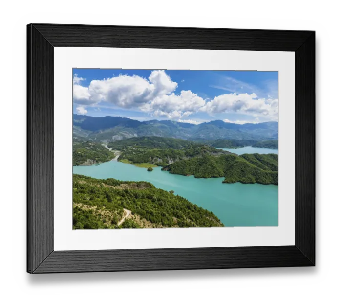 Framed Print : Bovilla Lake and Mountains from a drone