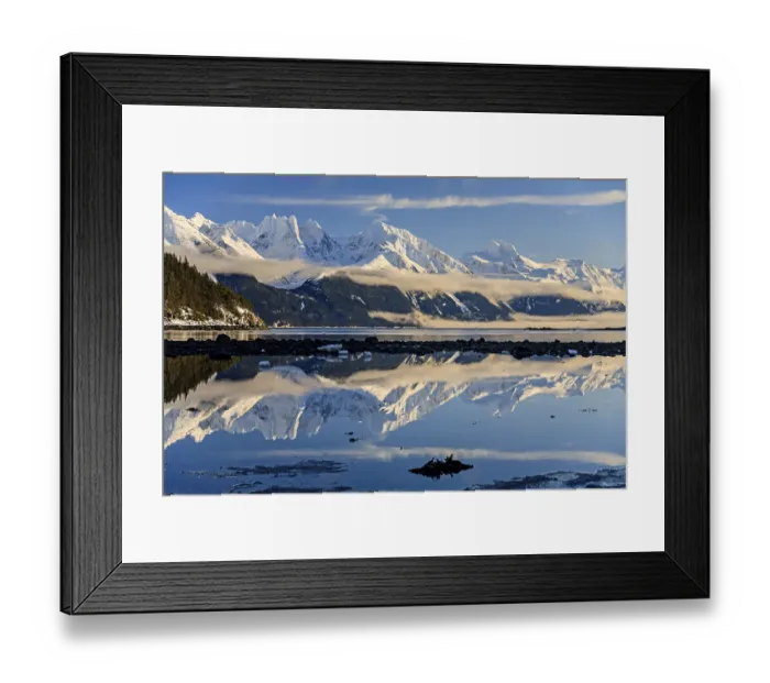 Framed Print : Snowy mountains reflected in fjord