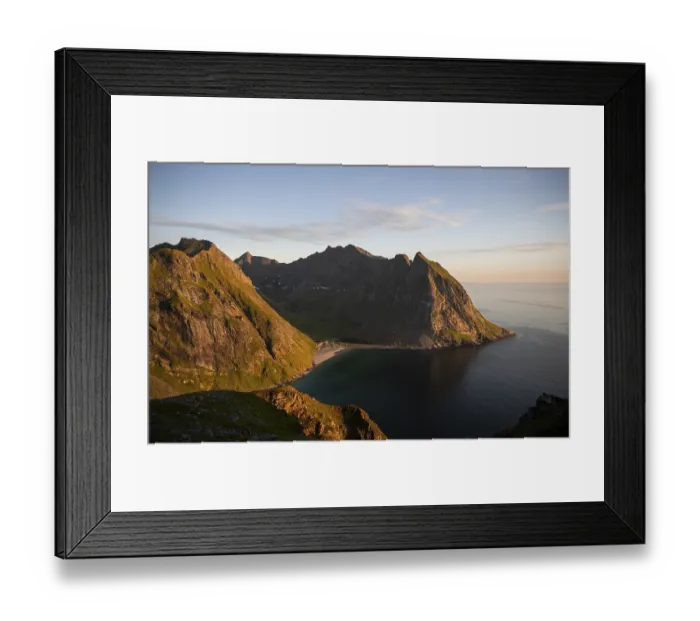 Framed Print : Dusk, view from the summit to Kvalvika beach and sea Framed Print : Dusk, view from the summit to Kvalvika beach and sea