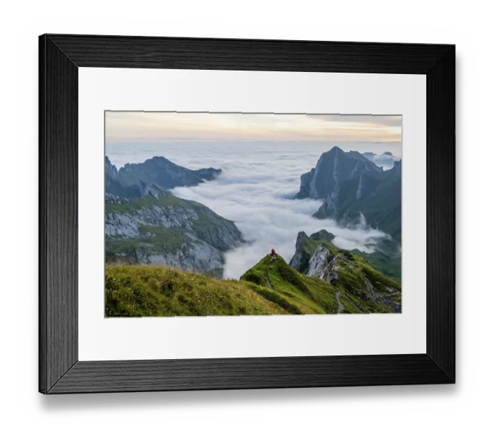 Framed Print : Two hikers enjoying the view over the Saentis mountains into the valley of Meglisalp at sunrise Framed Print : Two hikers enjoying the view over the Saentis mountains into the valley of Meglisalp at sunrise
