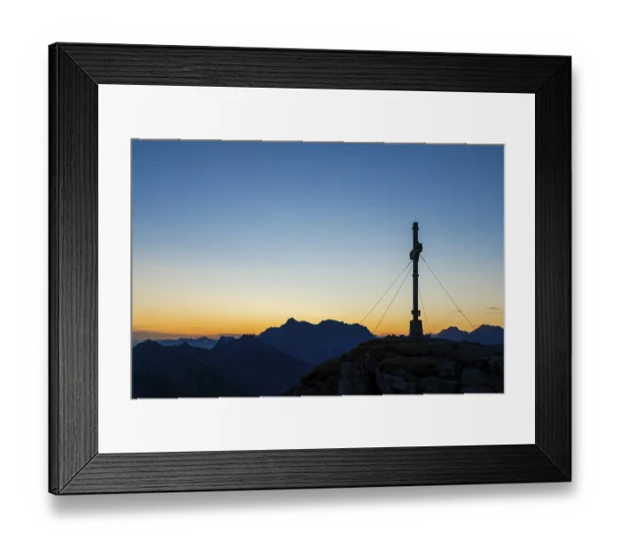 Framed Print : Sunrise with cross of the Thanell summit and Lechtal Alps