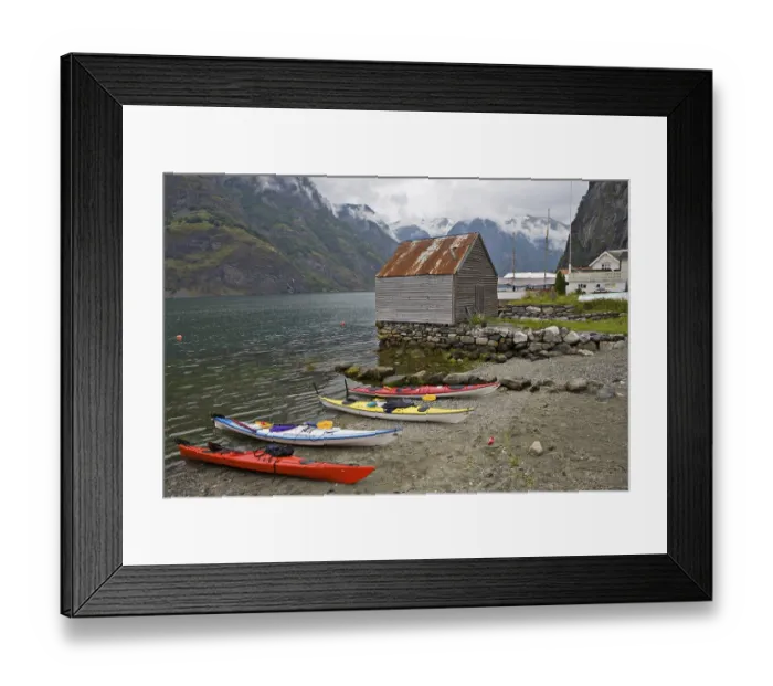 Framed Print : Kayaks on Undredal Beach along the Aurlandsfjord