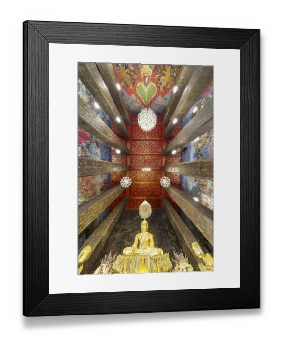 Framed Print : Frog's-eye view: coffered ceiling and golden Buddha statue Framed Print : Frog's-eye view: coffered ceiling and golden Buddha statue