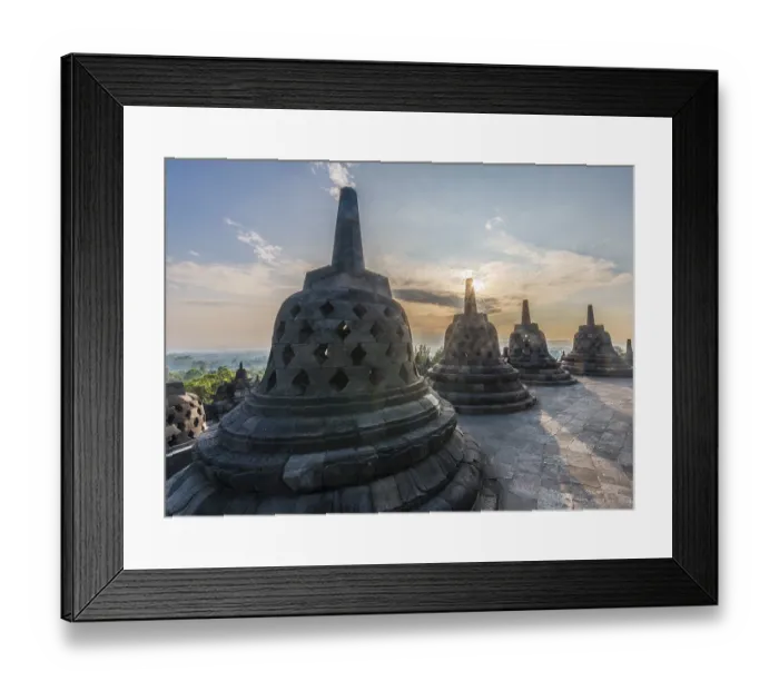 Framed Print : Borobudur temple at sunrise, stupas