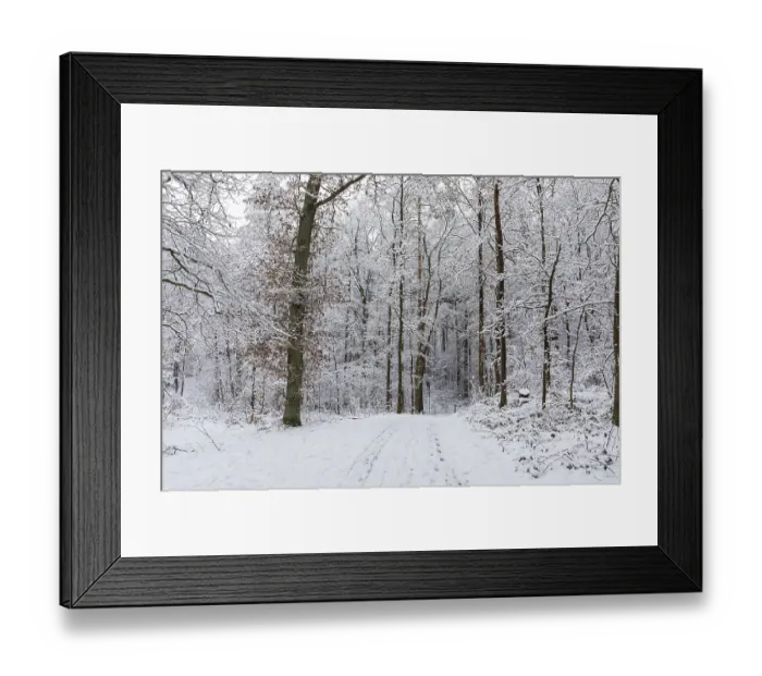 Framed Print : Snow-covered forest path in the Friedewald near Niederau