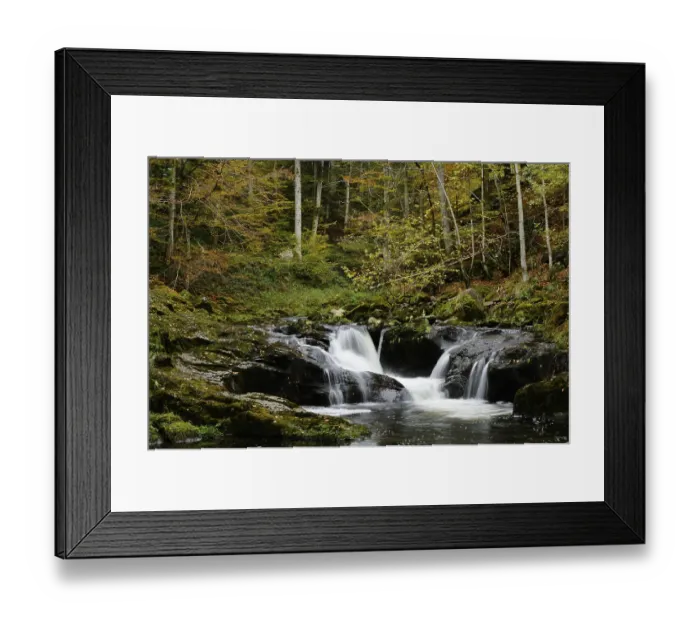 Framed Print : Forest landscape with a small waterfall and autumn foliage Framed Print : Forest landscape with a small waterfall and autumn foliage