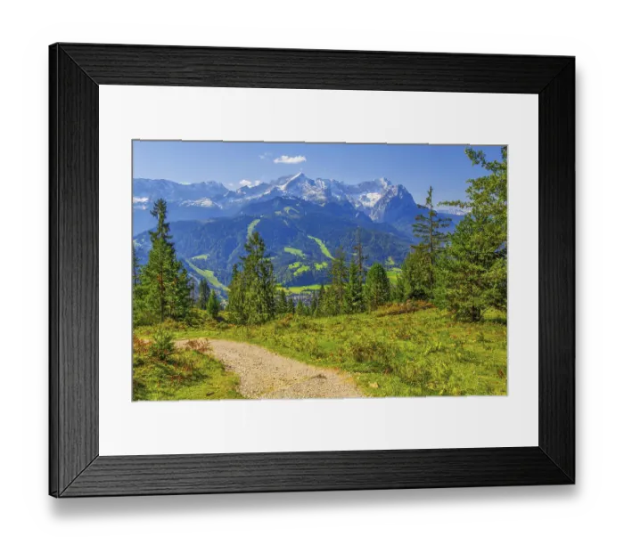 Framed Print : Hiking trail on the Wank 1780m with views of the valley and Zugspitze group 2962m