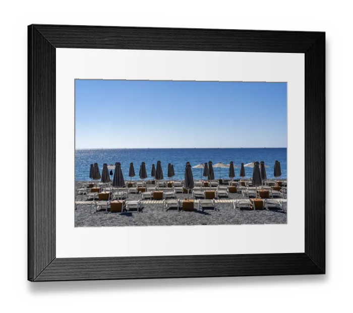 Framed Print : Beach, empty, organised, with sun loungers and parasols