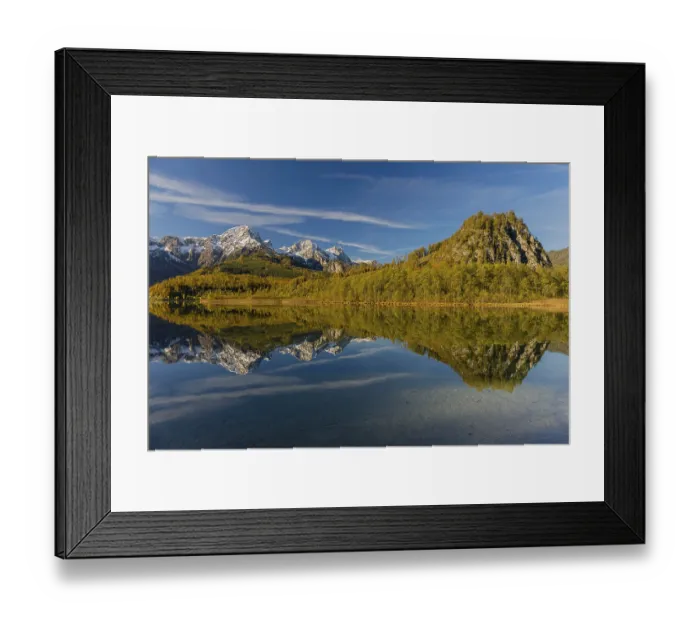 Framed Print : Lake Almsee in autumn with mountains reflected in the lake