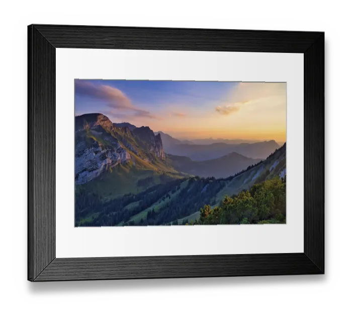 Framed Print : Mountain landscape at sunset, view of Glarnerland and Central Switzerland