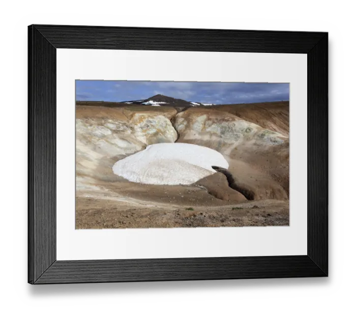 Framed Print : Volcanic landscape, lava field with snow field at Krafla volcano
