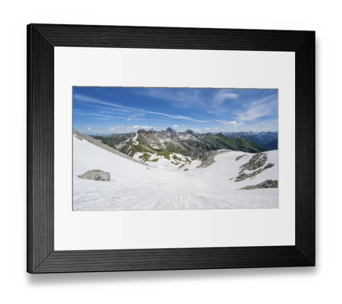 Framed Print : Old snow fields and mountain panorama with summit of Grosser Krottenkopf and Ramstallkopf Framed Print : Old snow fields and mountain panorama with summit of Grosser Krottenkopf and Ramstallkopf