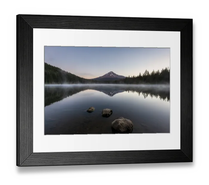 Framed Print : Three stones in the water, reflection of the volcano Mt