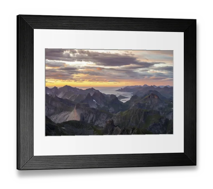 Framed Print : View over mountain tops and sea to Fredvang Framed Print : View over mountain tops and sea to Fredvang