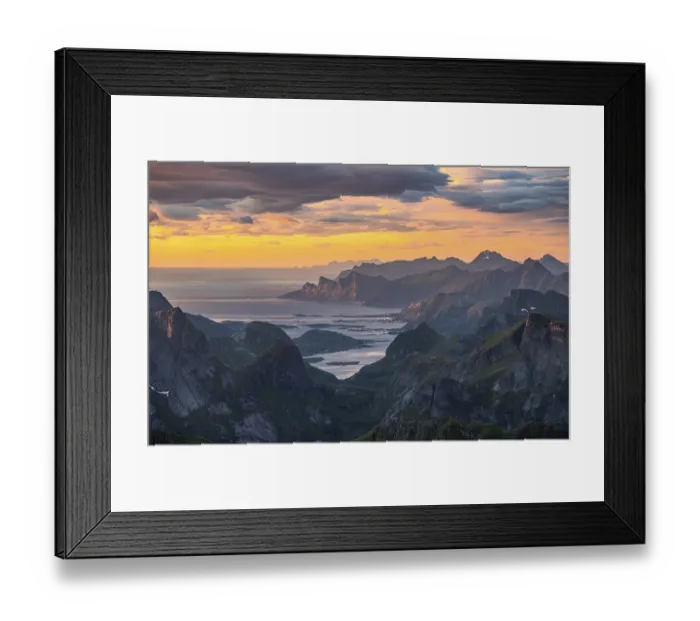 Framed Print : View over mountain top and sea to Fredvang