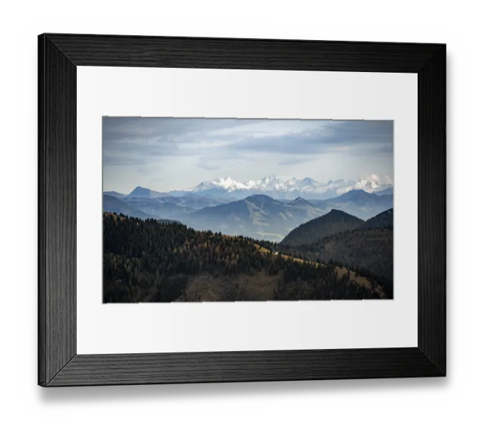 Framed Print : View of the Alpine foothills and main Alpine ridge with snow-covered peaks