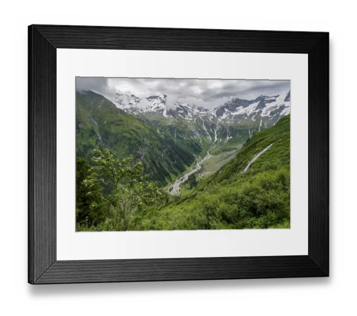 Framed Print : View of Stilluppbach and cloudy mountain peaks in Stillupptal Framed Print : View of Stilluppbach and cloudy mountain peaks in Stillupptal
