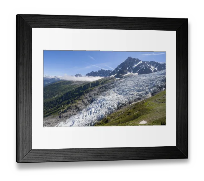 Framed Print : Mountain landscape with glacier Glacier des Bossons and summit of the Aiguille du Midi