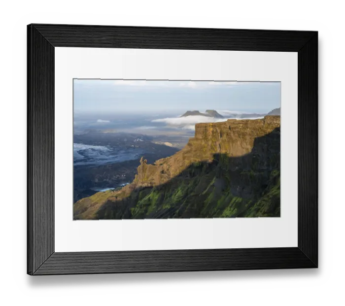 Framed Print : Cliff in the evening light, Impressive landscape with mountains and glaciers Framed Print : Cliff in the evening light, Impressive landscape with mountains and glaciers