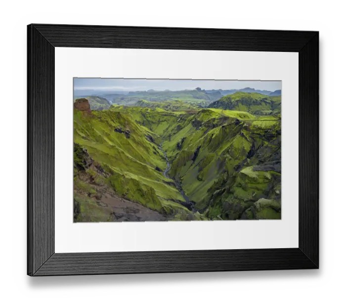Framed Print : Canyon, moss-covered volcanic mountain landscape Framed Print : Canyon, moss-covered volcanic mountain landscape