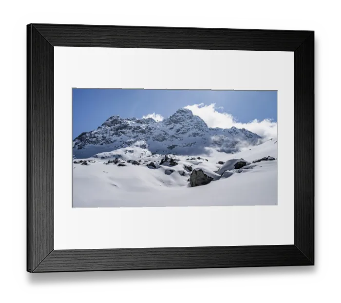 Framed Print : Picturesque snow-covered mountain landscape with Piz Kesch summit