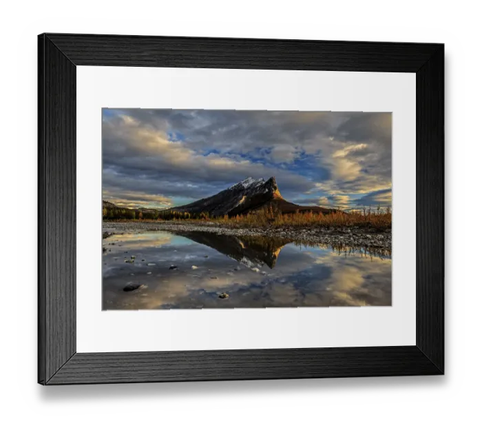 Framed Print : Clouds over mountain with reflection in lake