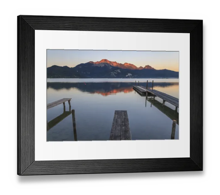 Framed Print : Mountains reflected in lake, footbridge