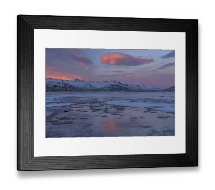 Framed Print : Dawn over an icy fjord, mountain landscape