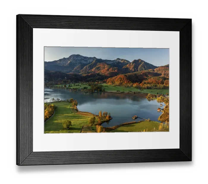 Framed Print : Aerial view of a lake in front of mountains