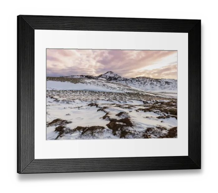 Framed Print : Volcanic landscape with snow, evening mood