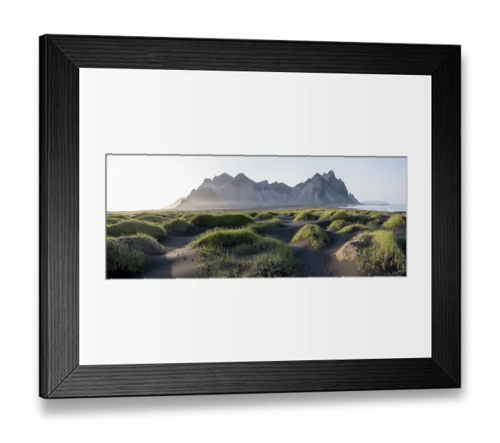 Framed Print : Black lava beach, sandy beach, dunes with dry grass