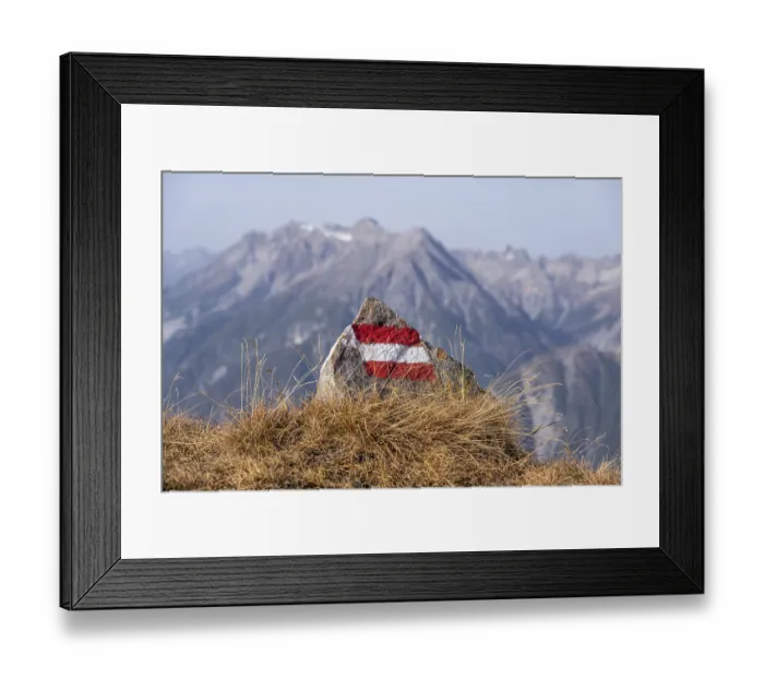 Framed Print : Red-white-red hiking trail markings on the Venet crossing